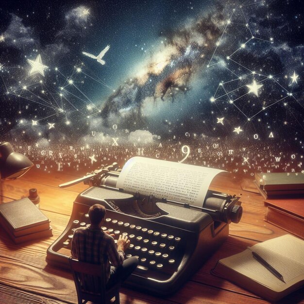 Photo a man is sitting at a desk with an old typewriter and a star filled sky behind him