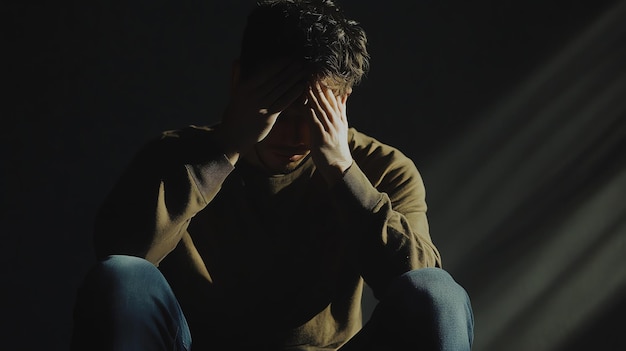 A man is sitting down with his hands over his face seemingly in distress or sadness