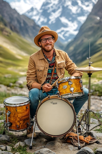 a man is sitting on a drum with a mountain in the background