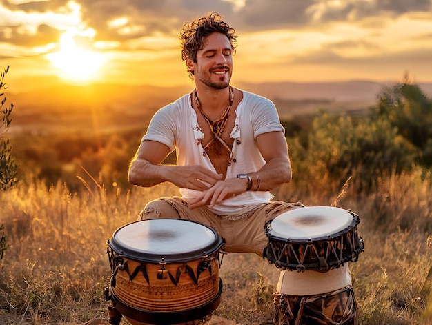 a man is sitting in a field with drums and the sun behind him