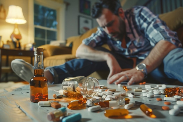 Photo a man is sitting on the floor with a bottle of alcohol and a jar of pills