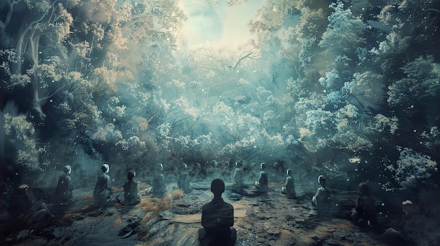 a man is sitting in a forest with the words  peace  on the bottom