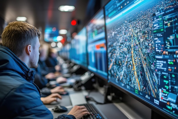 Photo a man is sitting in front of a computer monitor with a city view on it