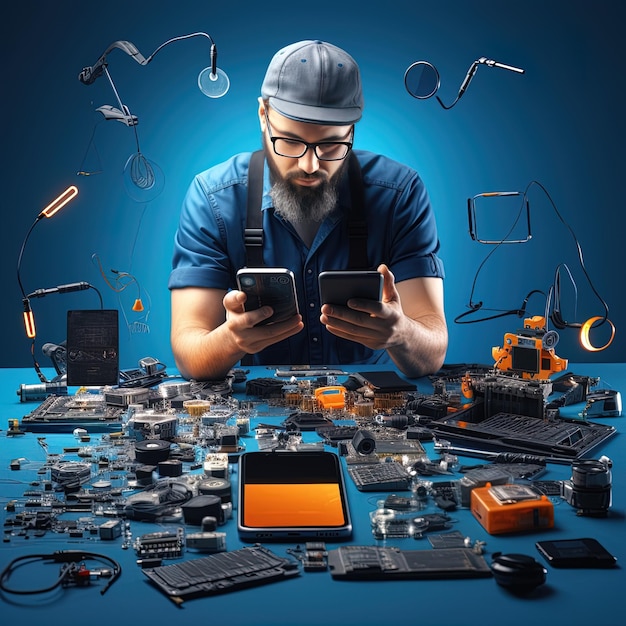 a man is sitting in front of a computer tablet with a blue background.