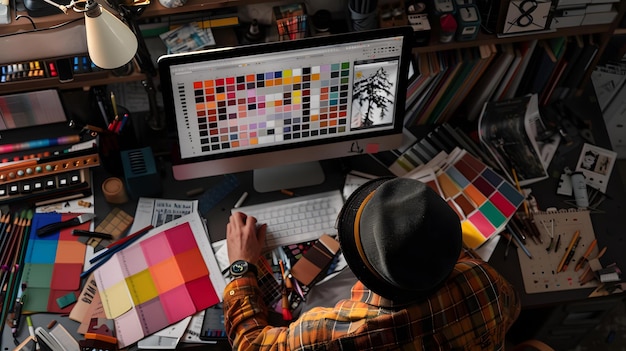 a man is sitting in front of a computer with a colorful cover