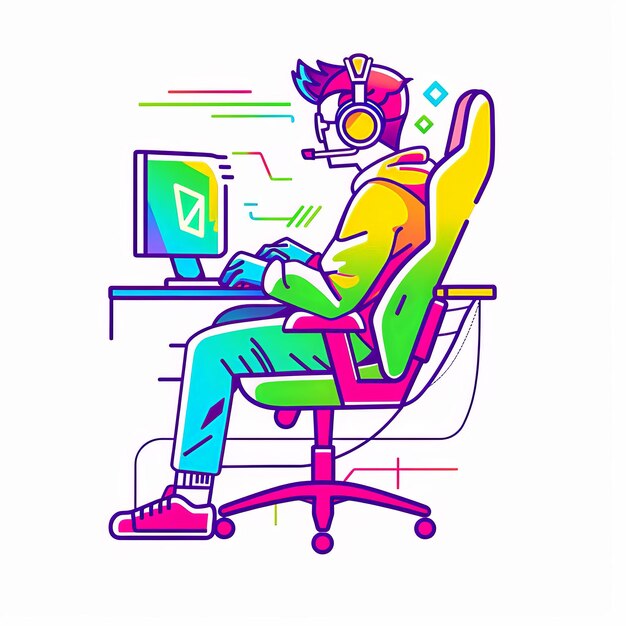 Photo a man is sitting in front of a computer with a headset on