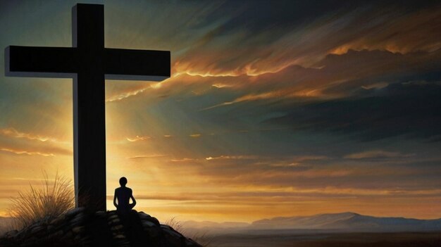 a man is sitting in front of a cross at sunset