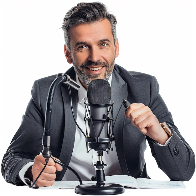 Photo a man is sitting in front of a microphone and a microphone that says quot the word quot