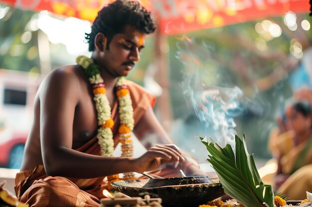 Photo a man is sitting in front of a tray of incense