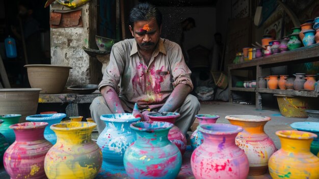 a man is sitting in front of a vase with the word quot painted on it