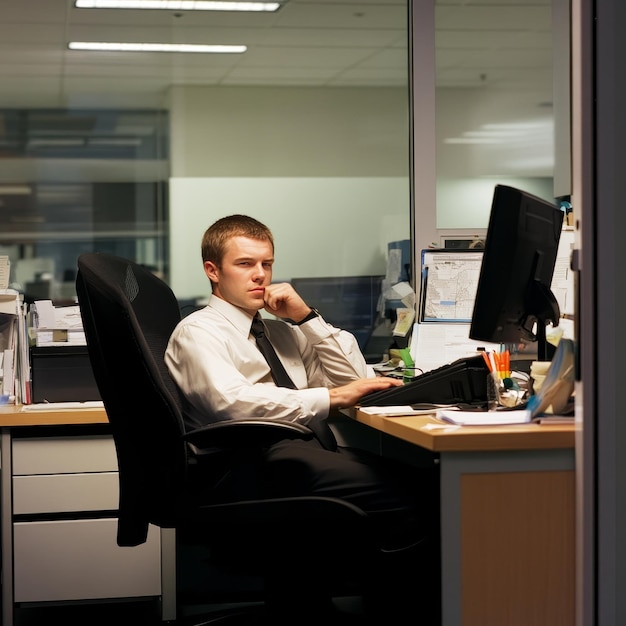 Photo a man is sitting in an office with a computer and a bottle of beer