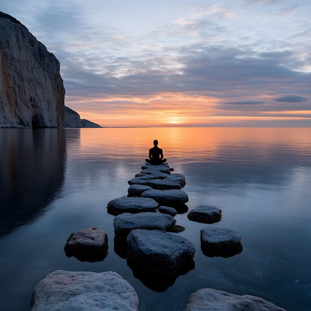 Photo a man is sitting on a pile of rocks in front of the ocean