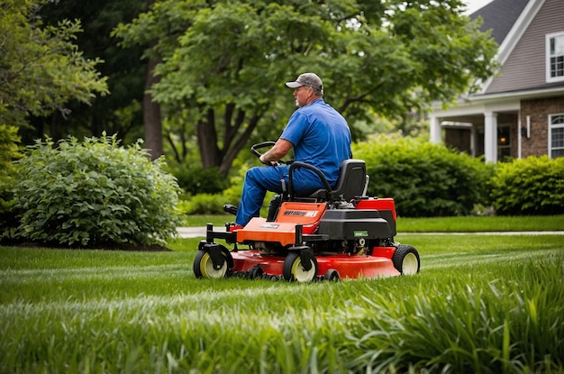 Photo a man is sitting on a red lawn mower in the grass