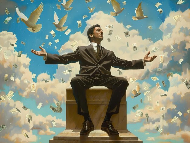 Photo a man is sitting on a statue with money flying in the sky