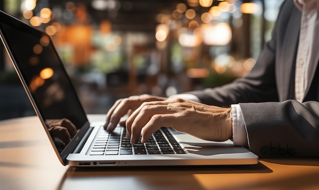 A man is sitting at a table in a store and using a computer