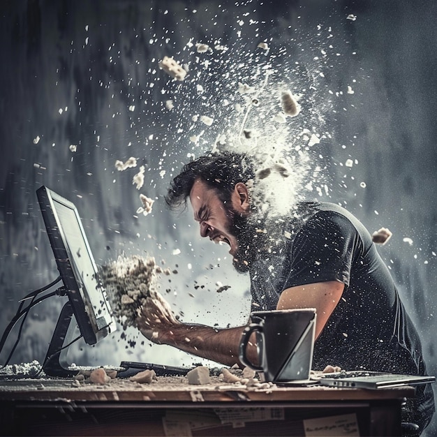 Photo man is sitting at a table with a cup of coffee and a keyboard