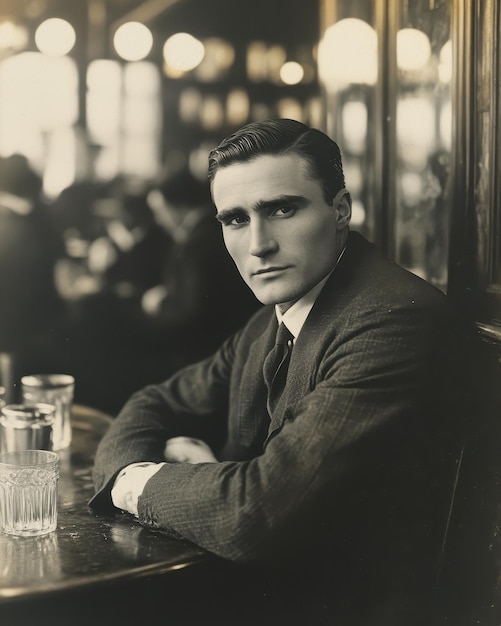 Photo a man is sitting at a table with a glass of liquid in front of him