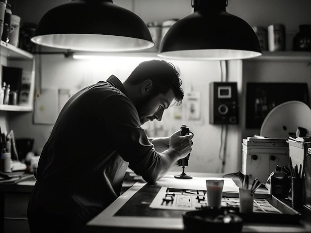 a man is sitting at a table with a piece of paper on it