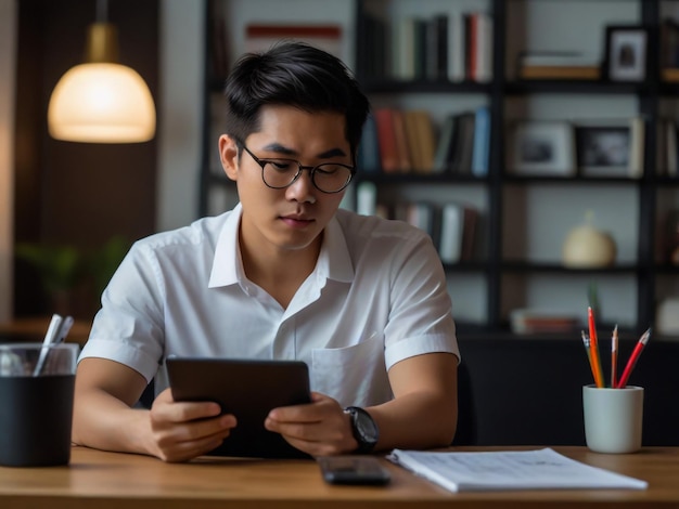 a man is sitting at a table with a tablet and a pen in his hand