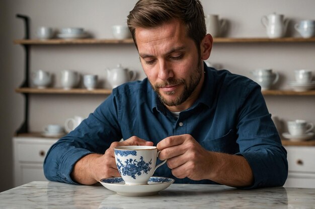 Photo a man is sitting at a table with a tea cup and a blue and white tea cup