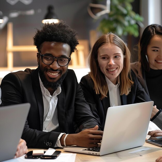 a man is sitting at a table with three other people on laptops