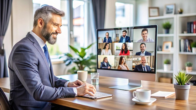 a man is sitting at a table with a tv and a monitor showing a man with a beard