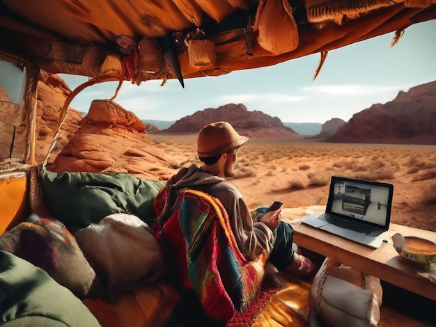 Photo a man is sitting in a tent with a laptop and a map on it