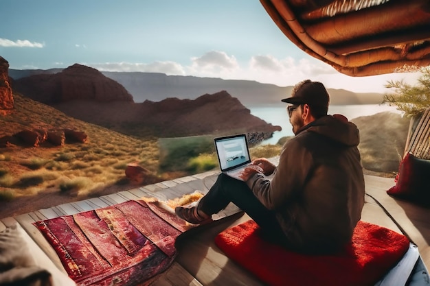 Photo a man is sitting on a train with a laptop