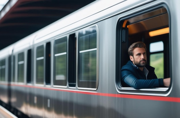 Photo a man is sitting in a train with a red stripe on the side