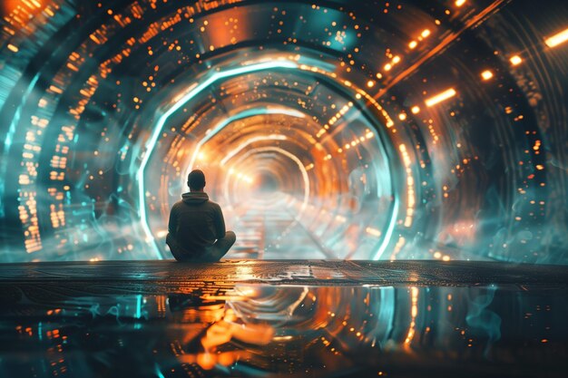 Photo a man is sitting in a tunnel with a man sitting in front of him