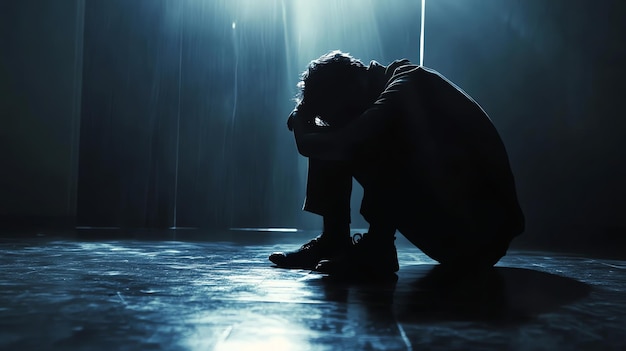 A man is sitting with his head in his hands seemingly in distress or sadness