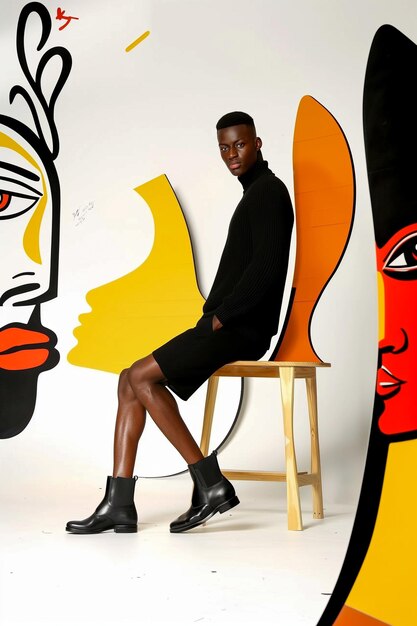 A man is sitting on a wooden chair in front of a painting of a mans face