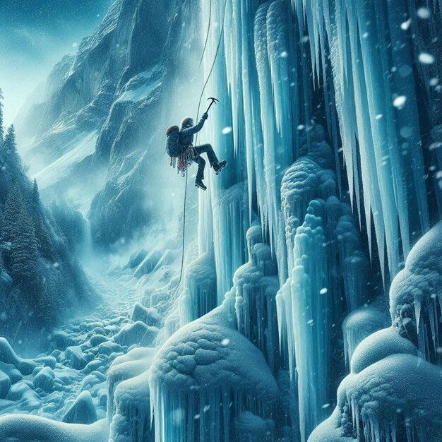 a man is on a ski board in front of a waterfall