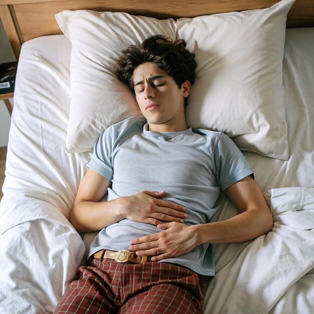 Photo a man is sleeping in a bed with a watch on his wrist