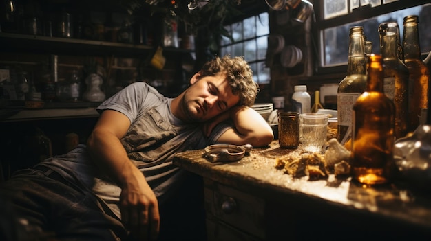 Photo a man is sleeping in a kitchen with a bottle of beer