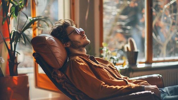 Photo a man is sleeping in a rocking chair with his head on the couch