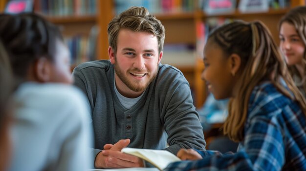 Photo a man is smiling at a group of children in a library the children are looking at him and smiling back concept of warmth and friendliness as the man is engaging with the children in a positive