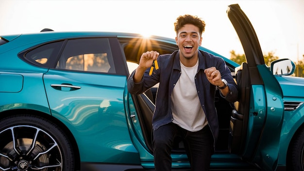 a man is smiling and has his hands in the air