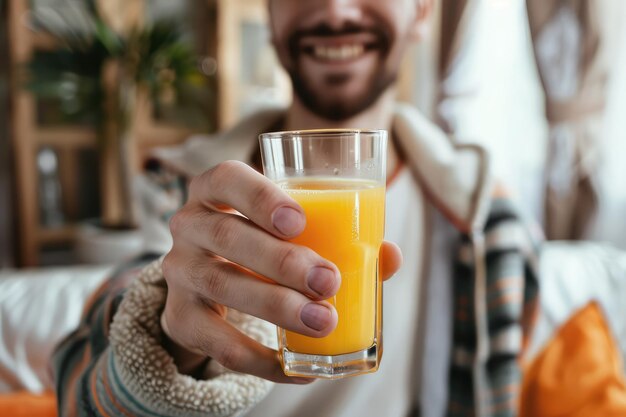 Photo a man is smiling and holding a glass of orange juice