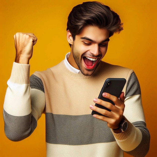 a man is smiling and holding a phone in his hand