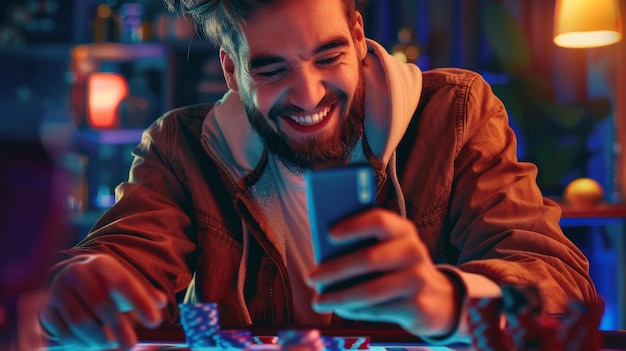 Photo a man is smiling and looking at a cell phone