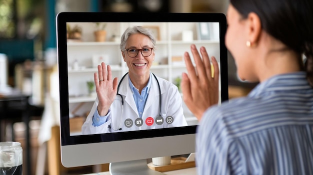 a man is smiling and waving at a screen with a doctor on it