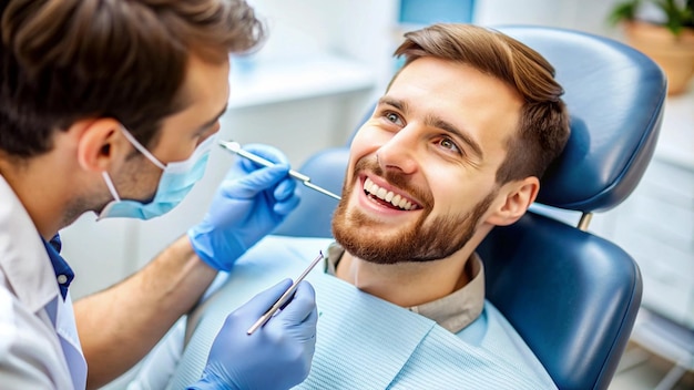 a man is smiling while his teeth are being taken by a dentist