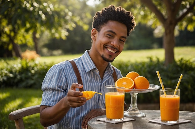 a man is smiling while holding a plate of oranges