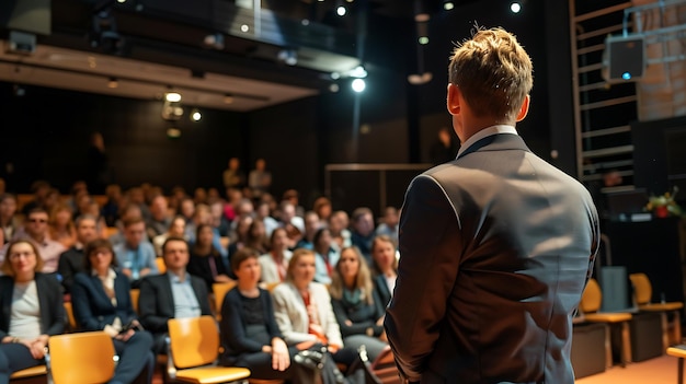 a man is speaking in front of a large audience