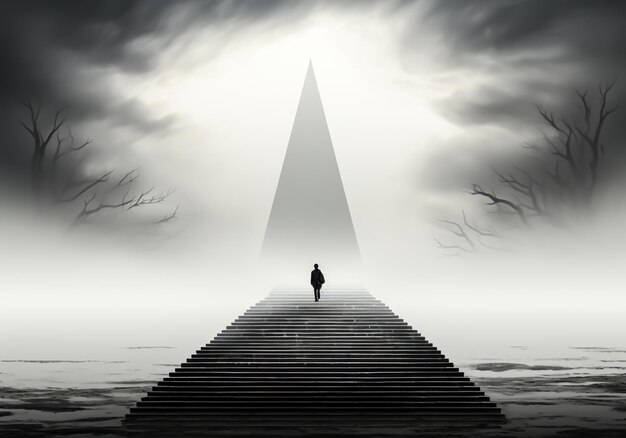 Photo a man is on a staircase in an unreal fantasy landscape with fantastic light minimalist art concept