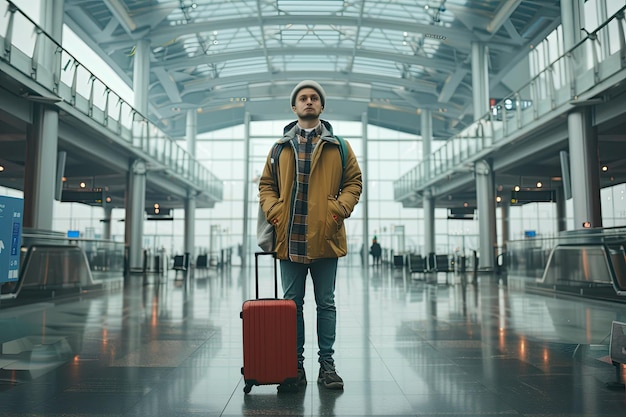 a man is standing in an airport with a suitcase in front of him