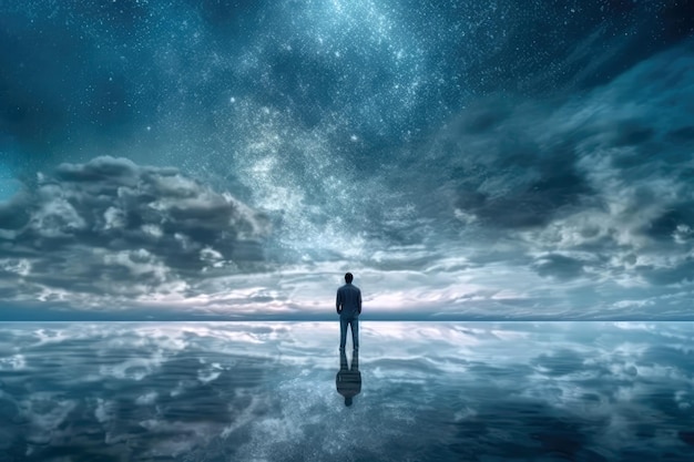 Man Is Standing Alone In The Water With Sky Above Him Generative AI