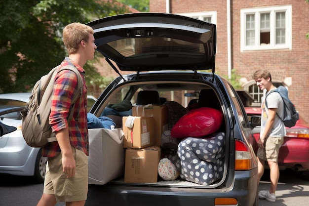 Photo a man is standing in the back of a car with boxes on the back