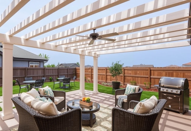 Photo a man is standing in a backyard with a ceiling fan and a ceiling fan